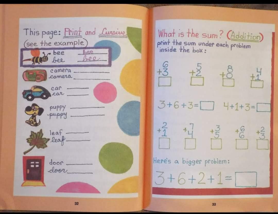 Inside the book — Print and Cursive practice plus Addition exercises